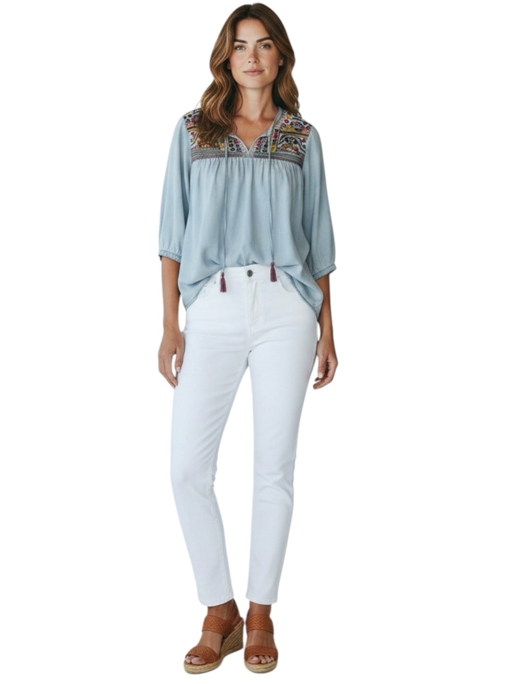 INTRO. Embroidered Tassel Tie Tunic in Light Wash Blue Size XL -- Flaw shown - Picture 13 of 13